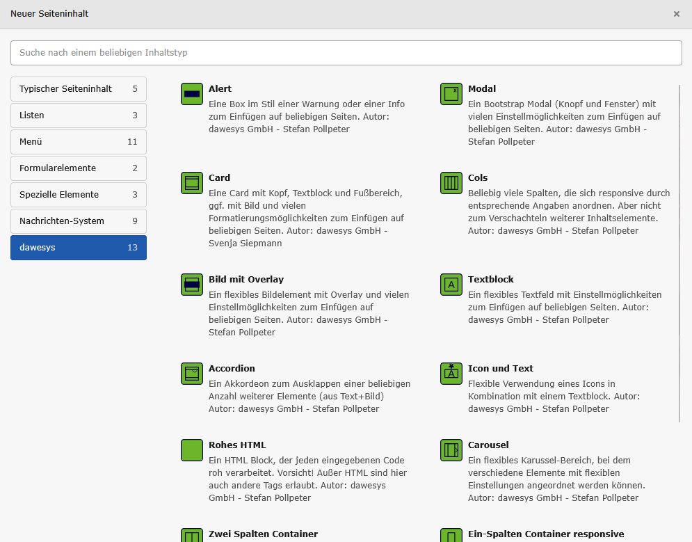 Das Typo3 dawesys Sitepackage